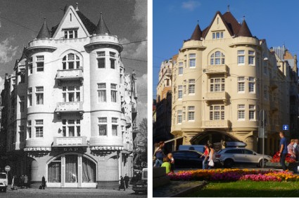 The Scottish Café, Lvov in earlier times (left), now Hotel Atlas in Lviv.(image Wikimedia Commons).